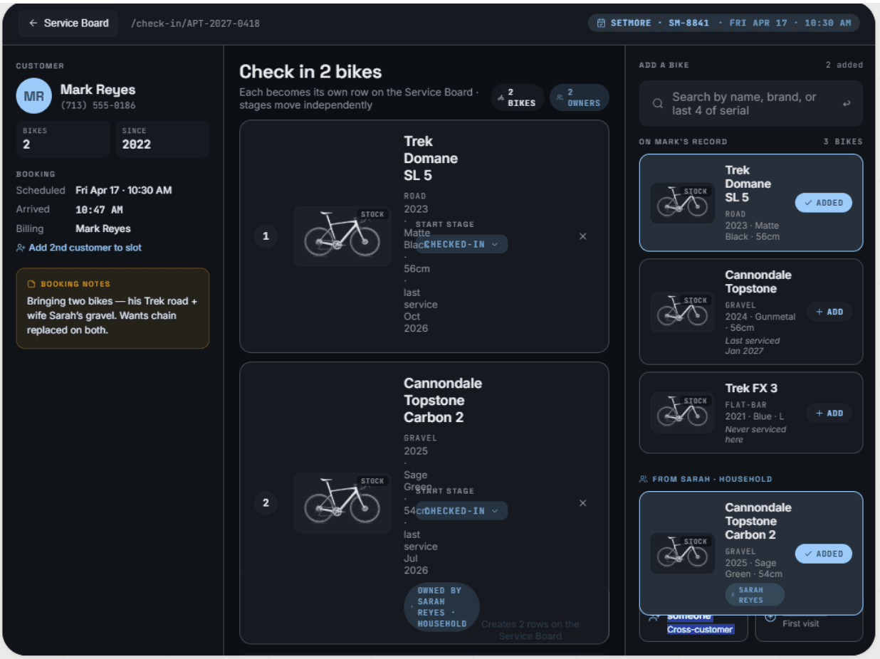 Bike check-in screen for a customer tracking multiple bicycles