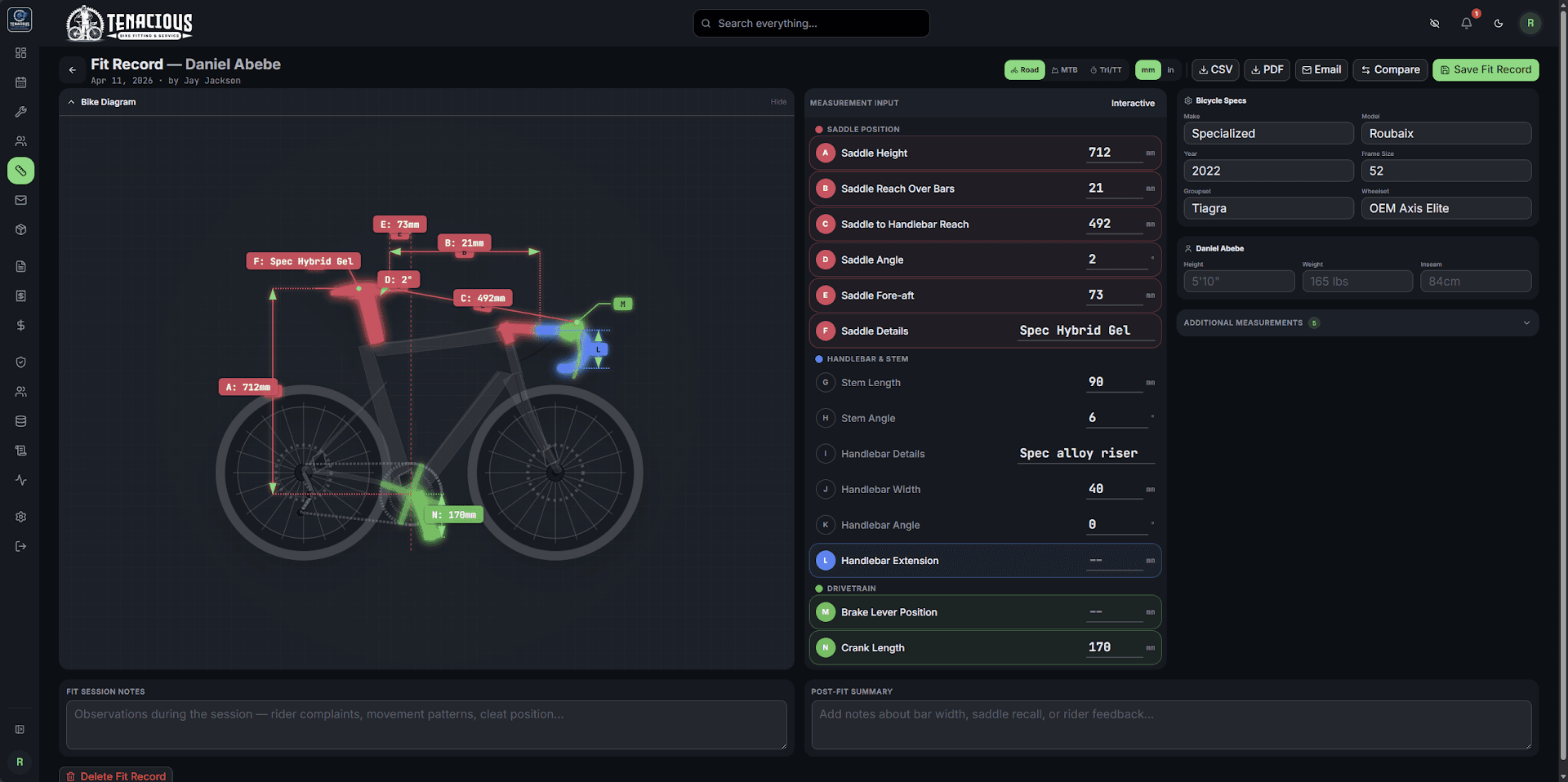 Detailed bike fitting measurement interface