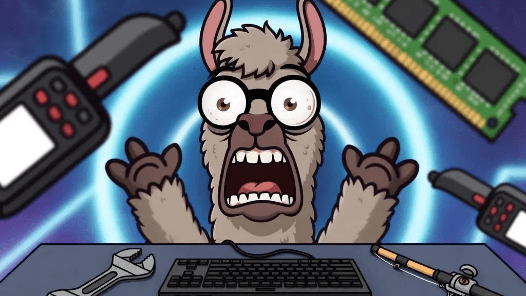 Cartoon llama at a desk surrounded by floating tools and hardware