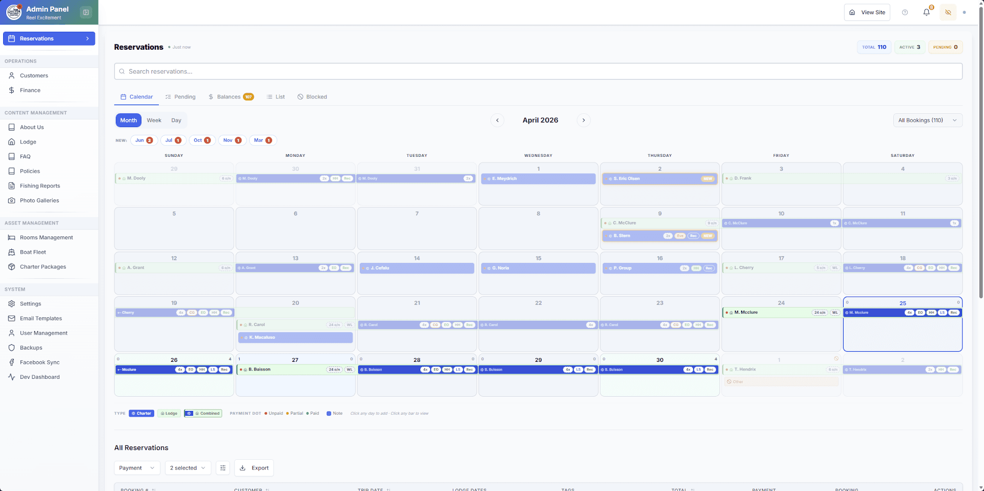Reel Excitement reservation management calendar dashboard