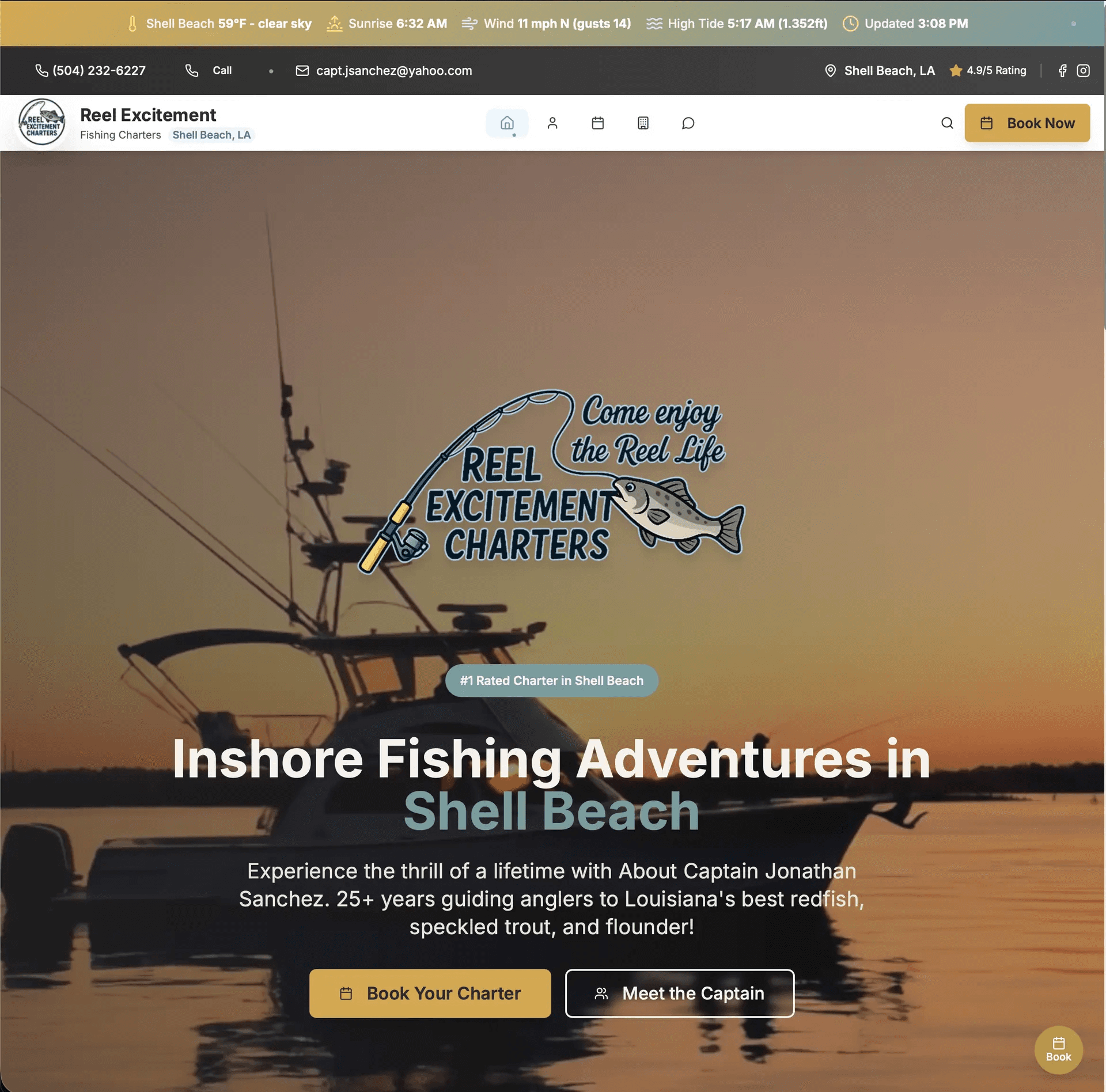 Fishing charter promotional landing page overlay
