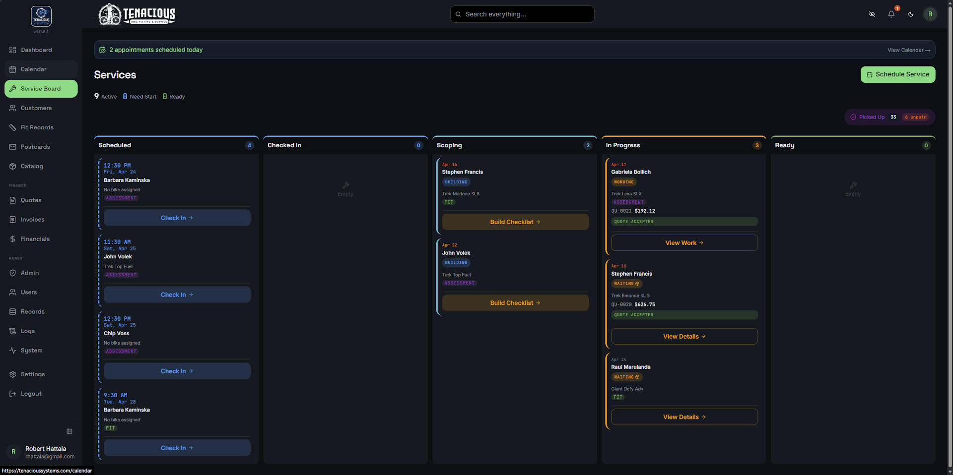 Service board detailed view with scheduled and in-progress tasks