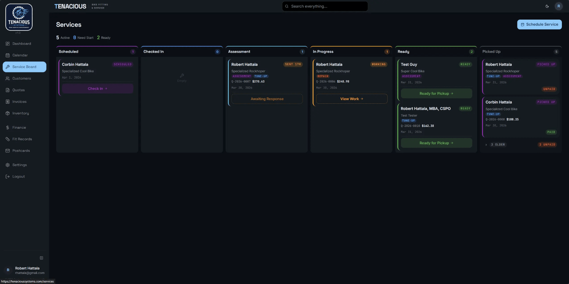 Tenacious bike service dashboard showing repair columns