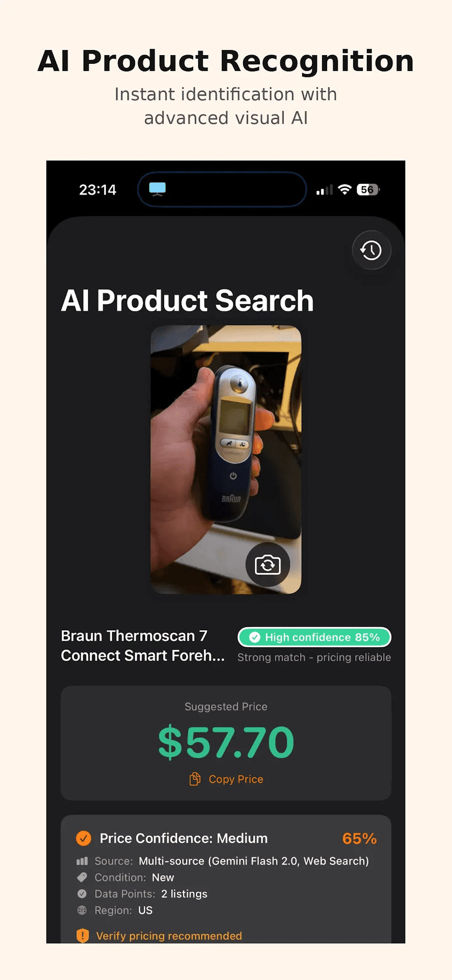 AI product recognition mobile application search interface
