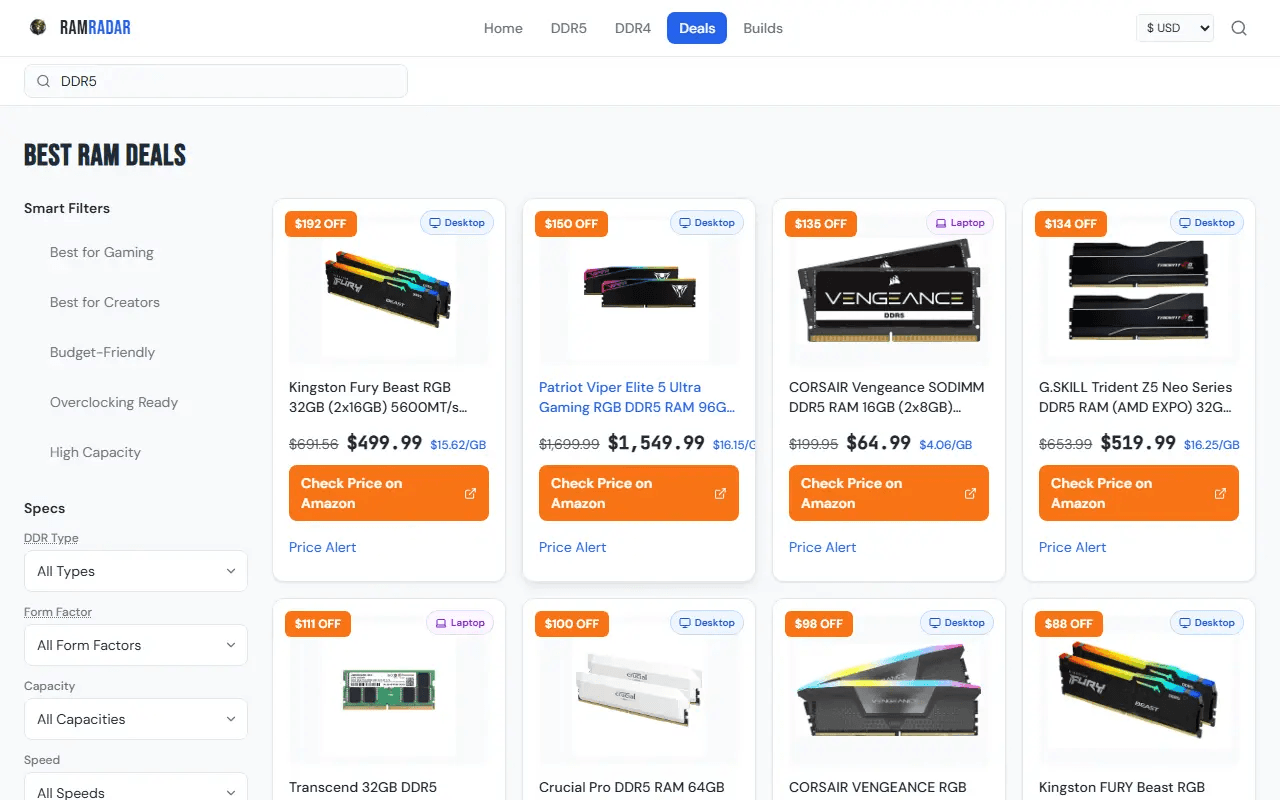 RamRadar computer hardware deals grid