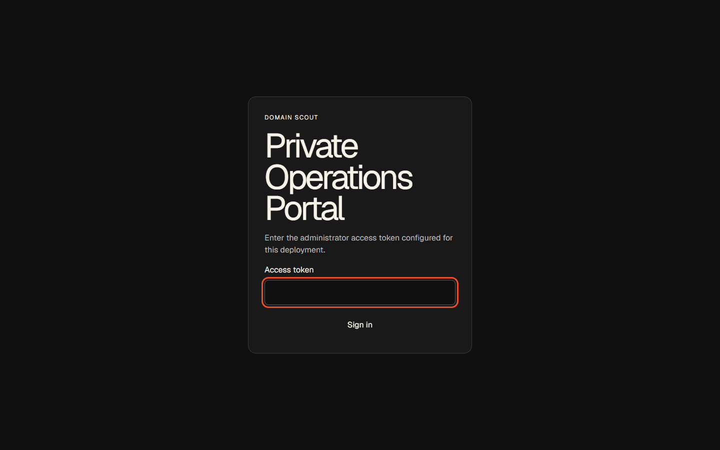 Domain Scout private login screen requesting an administrator access token