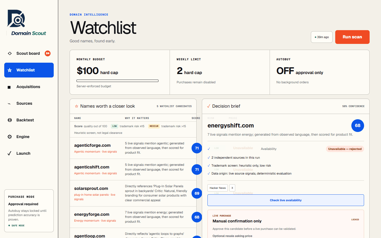 Domain Scout watchlist tab for seven-day hold candidates