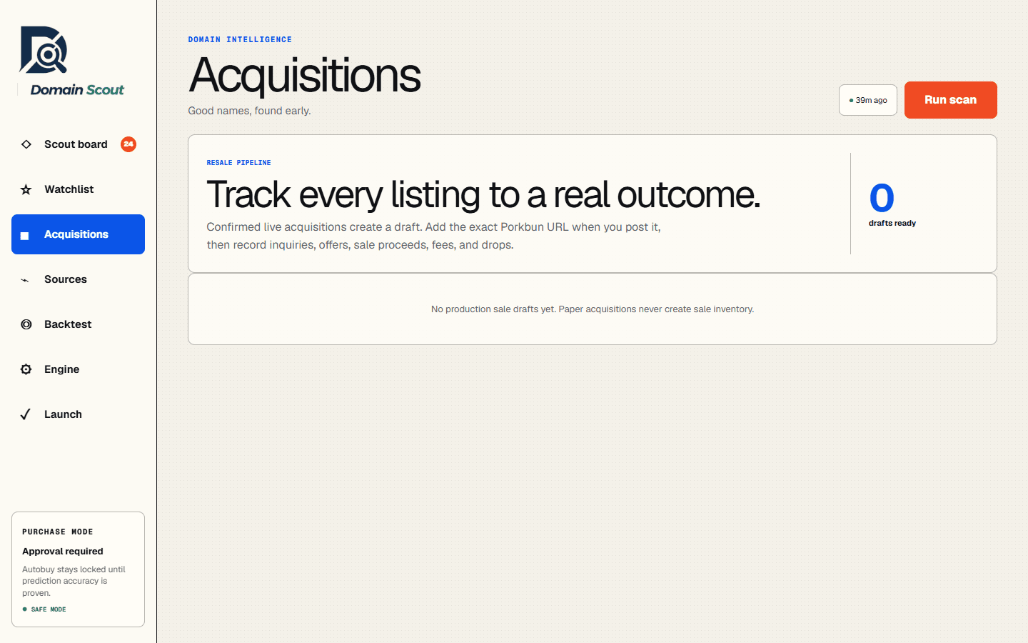 Domain Scout acquisitions view for resale draft outcome tracking