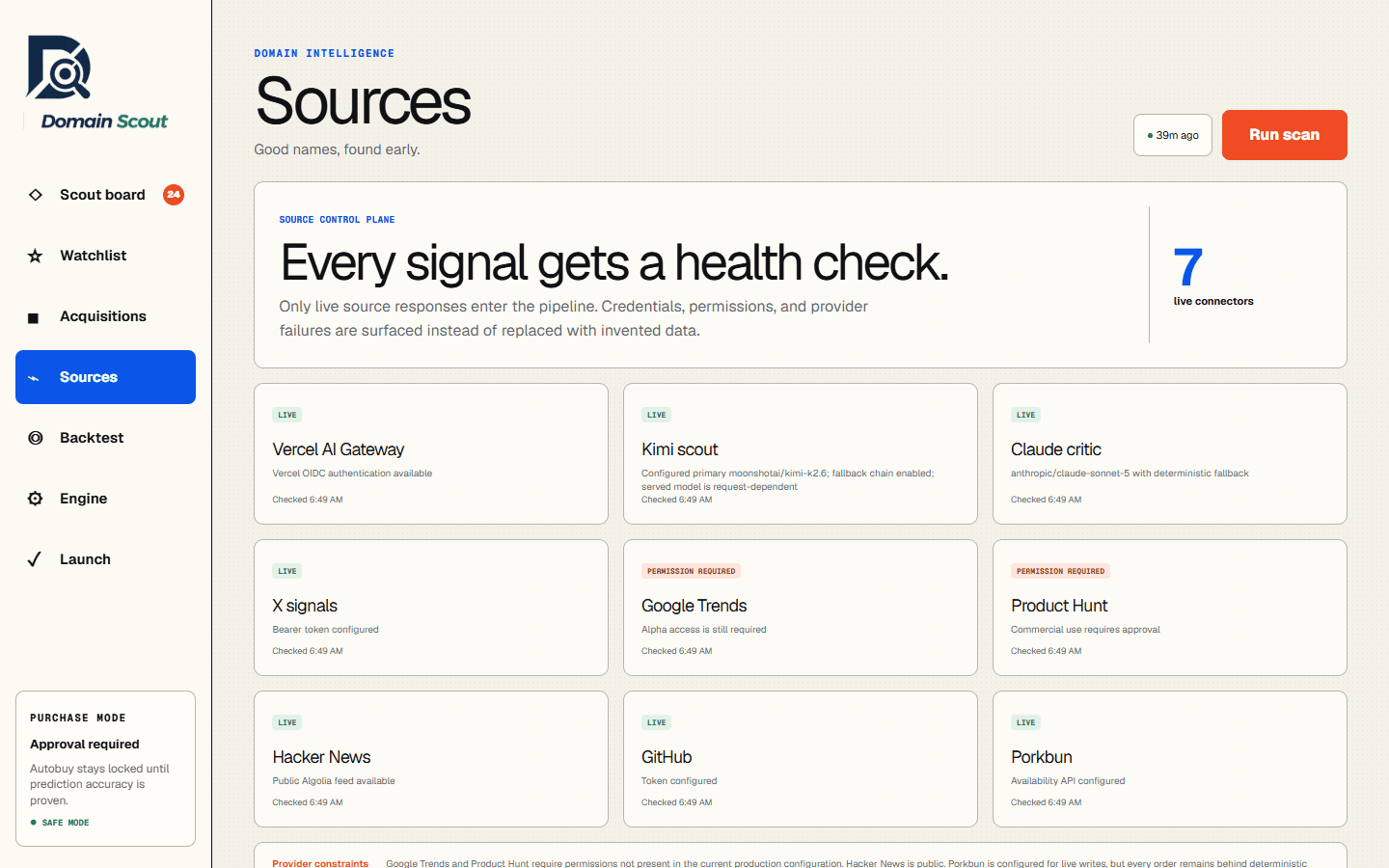 Domain Scout sources control plane with connector health cards