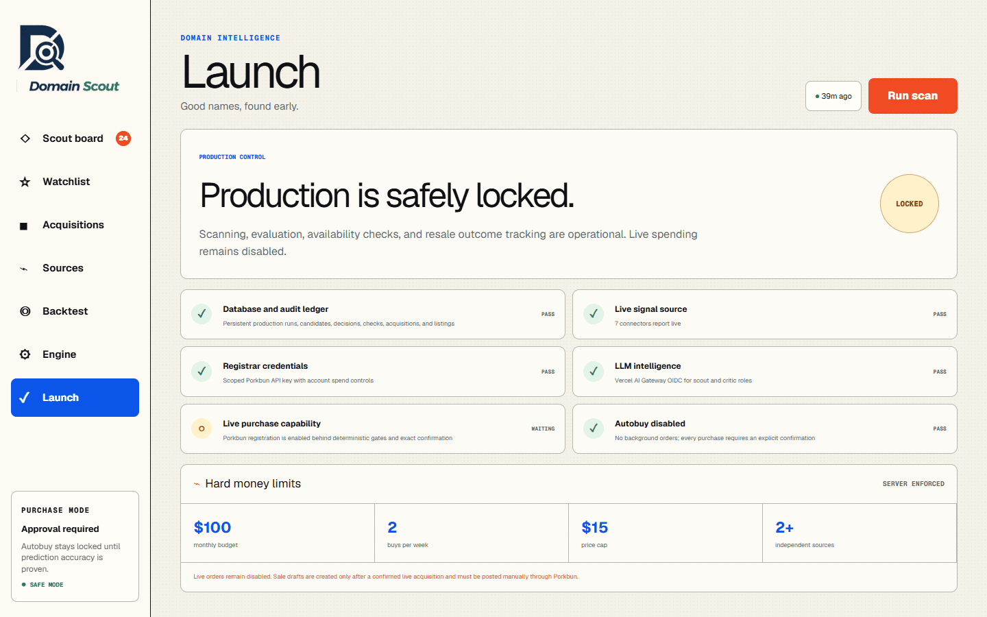 Domain Scout launch control showing locked production checklist