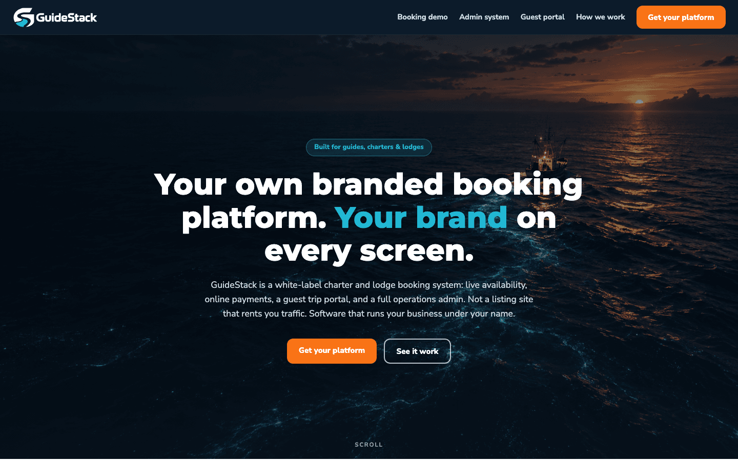 GuideStack Outdoors homepage hero: official logo and navigation over the full-bleed bioluminescent ocean photograph