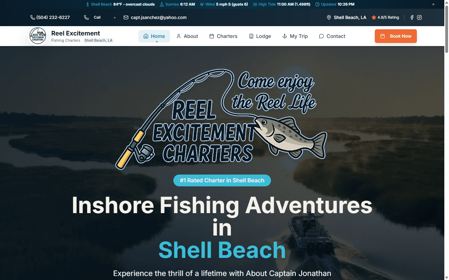 Reel Excitement Charters homepage hero with logo, Shell Beach headline, and Book Now call to action
