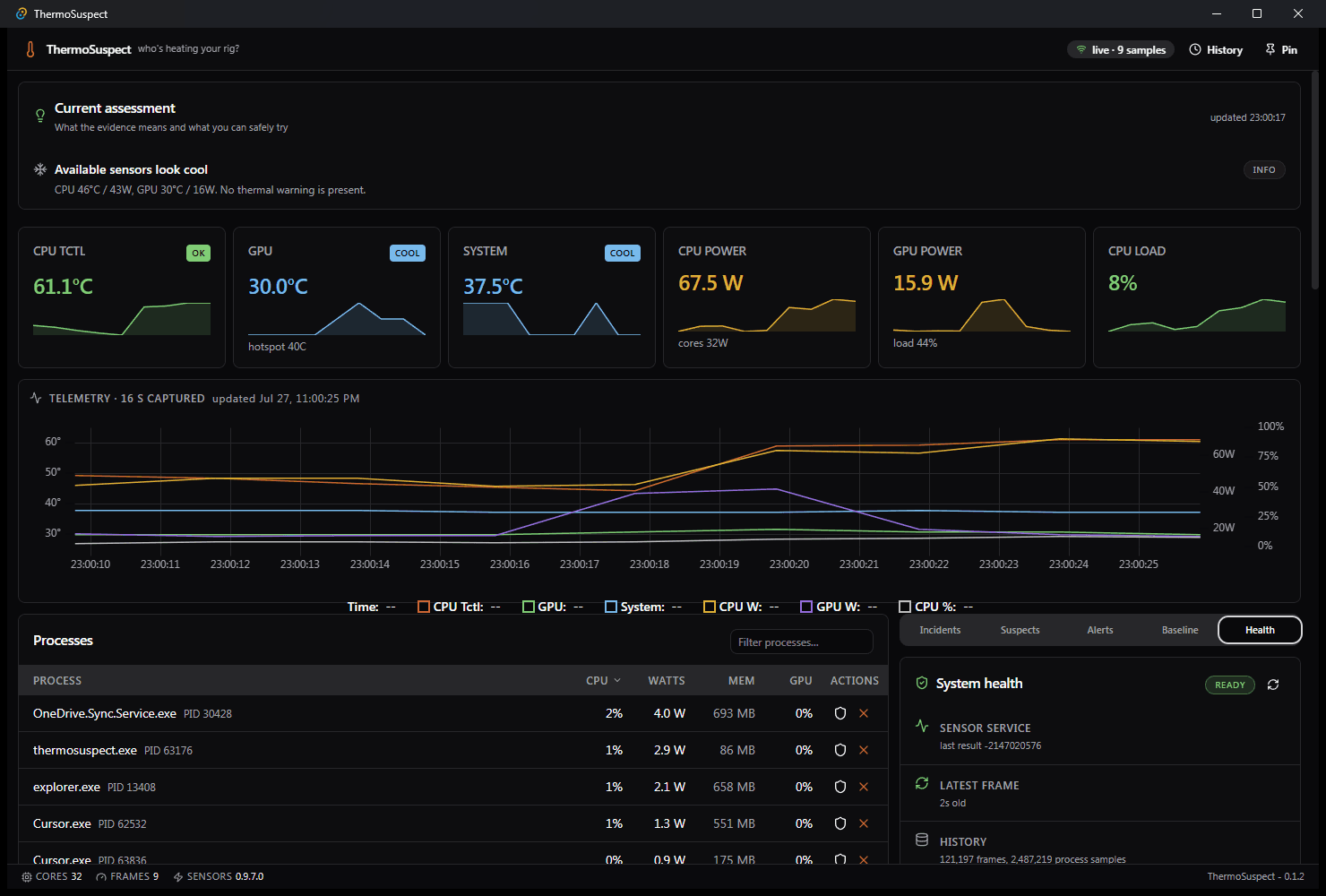 ThermoSuspect Health tab showing sensor service READY status