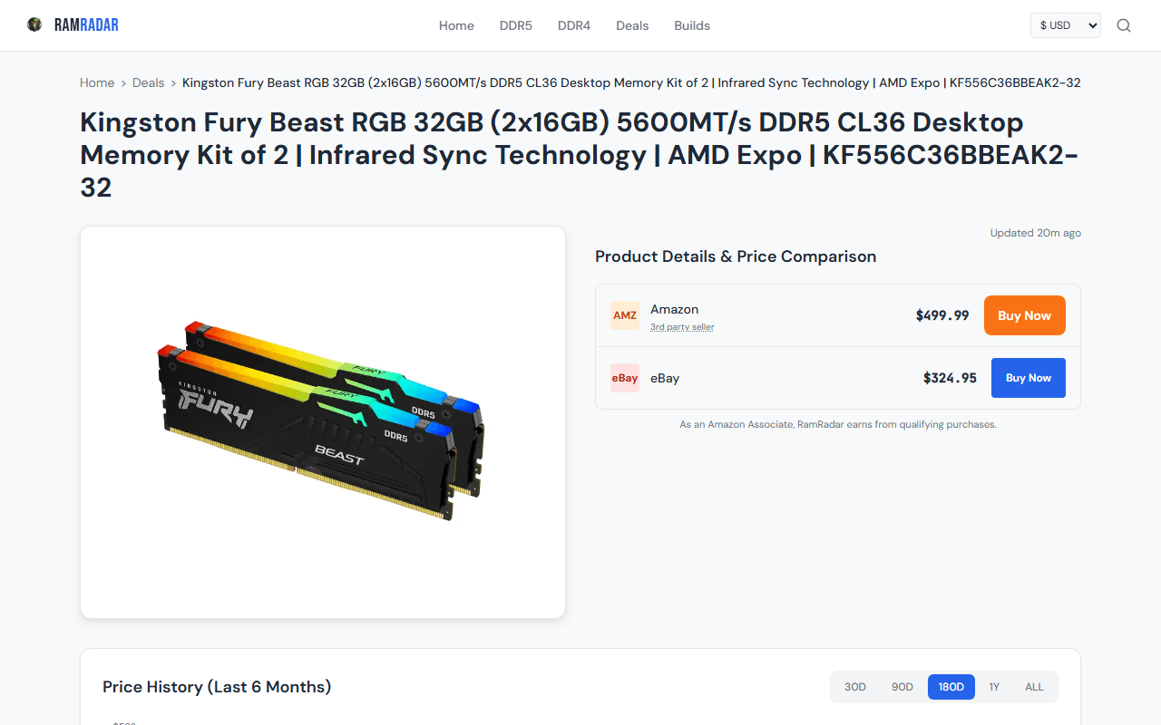 Product Detail — Price comparison across retailers with history