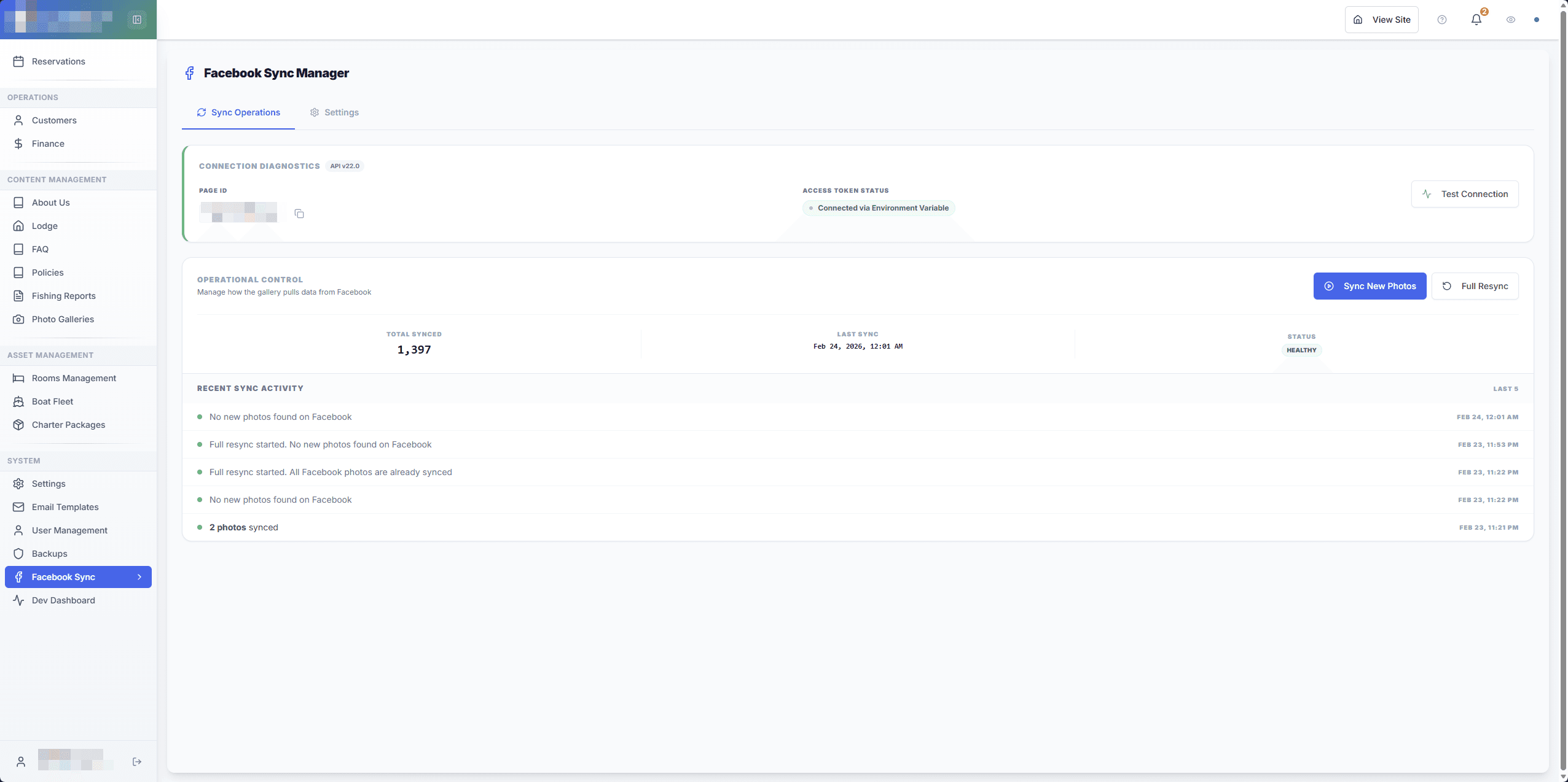 Facebook Sync Manager with API diagnostics and sync activity