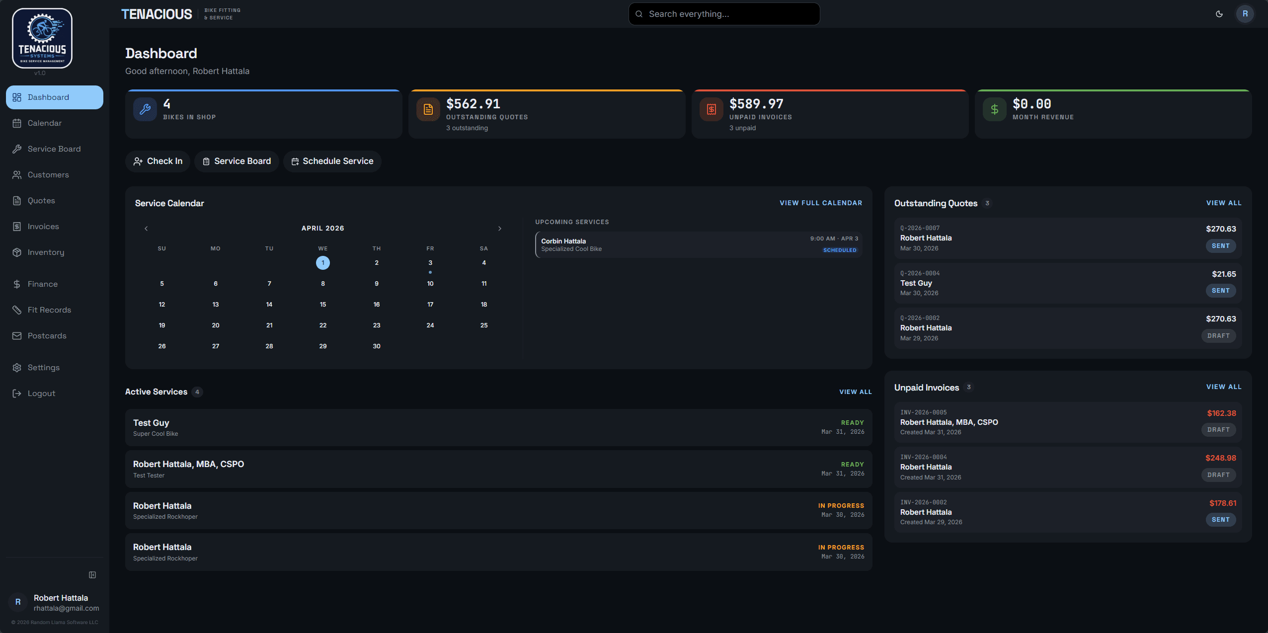 Tenacious Systems dashboard — bikes in shop, outstanding quotes, unpaid invoices, and monthly revenue