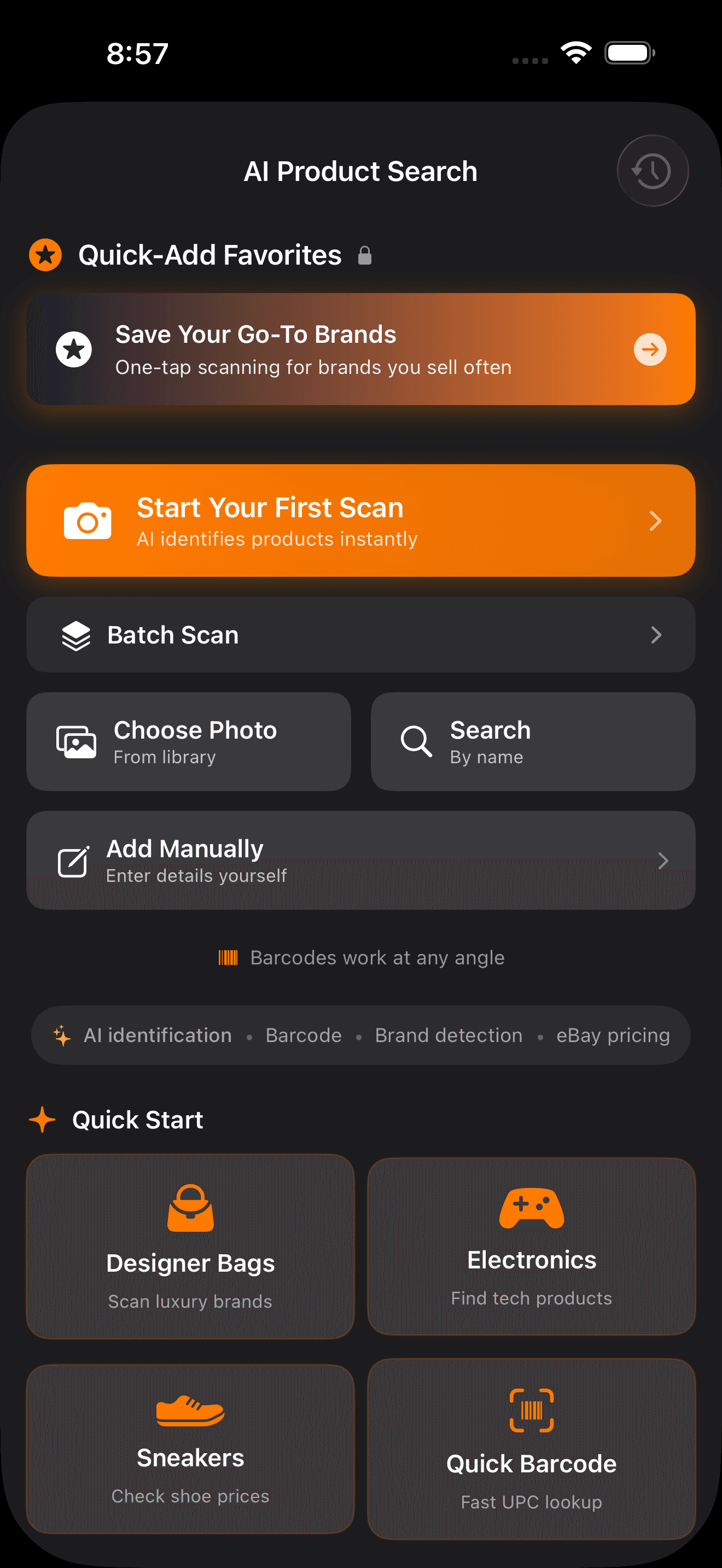 ConsignMate AI Product Search screen showing quick-add favorites, photo search, barcode, and product categories on iPhone