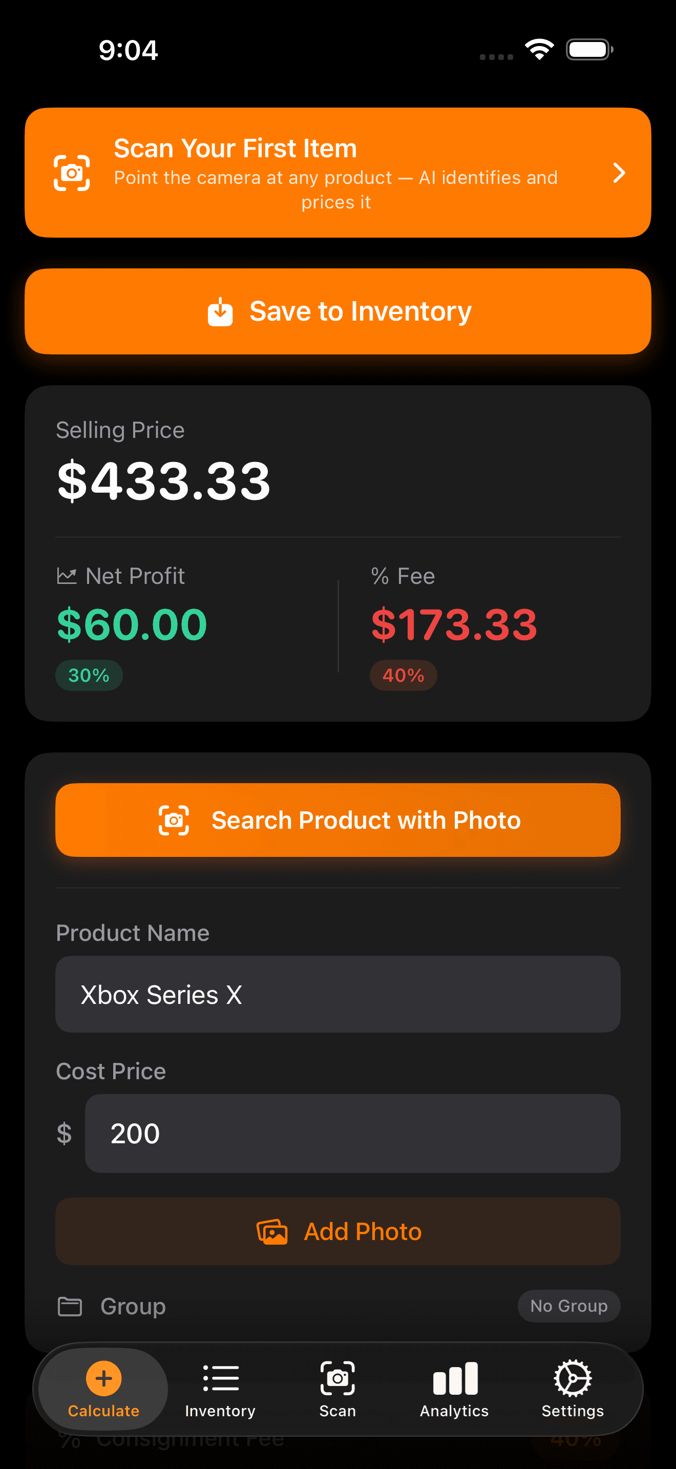 ConsignMate calculator showing Xbox Series X demo values, selling price, net profit, and consignment fee breakdown on iPhone