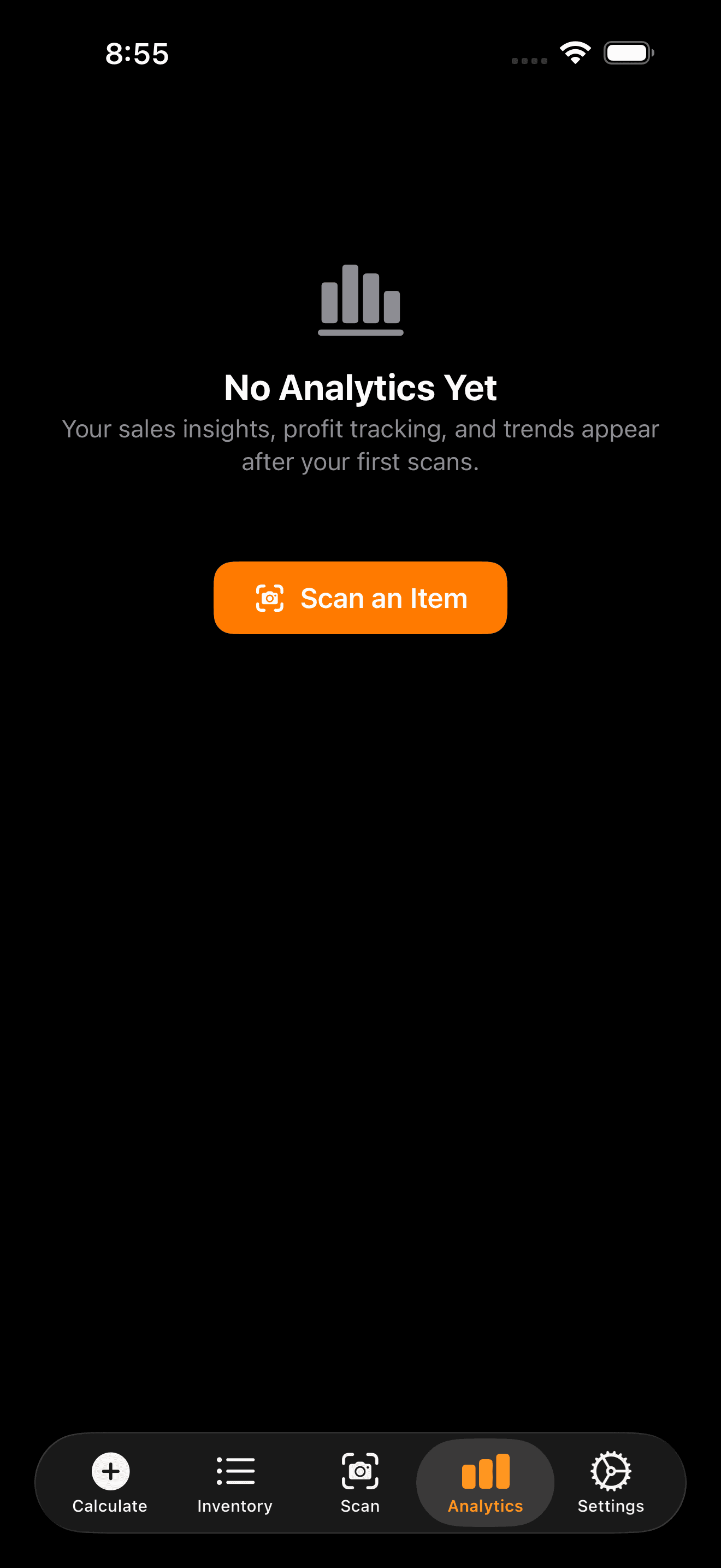 ConsignMate analytics empty state explaining that sales insights, profit tracking, and trends appear after the first scans on iPhone