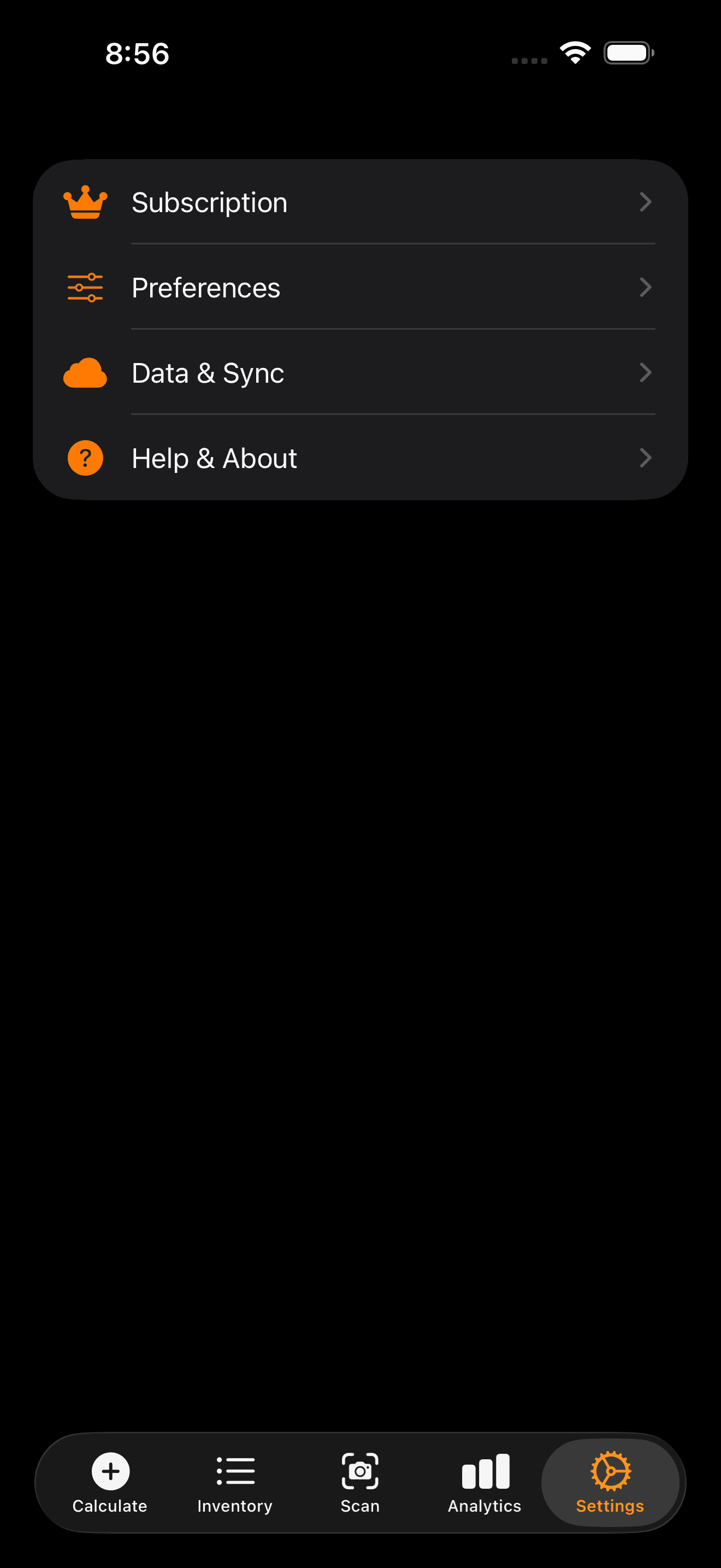 ConsignMate Settings screen showing Subscription, Preferences, Data and Sync, and Help and About options on iPhone