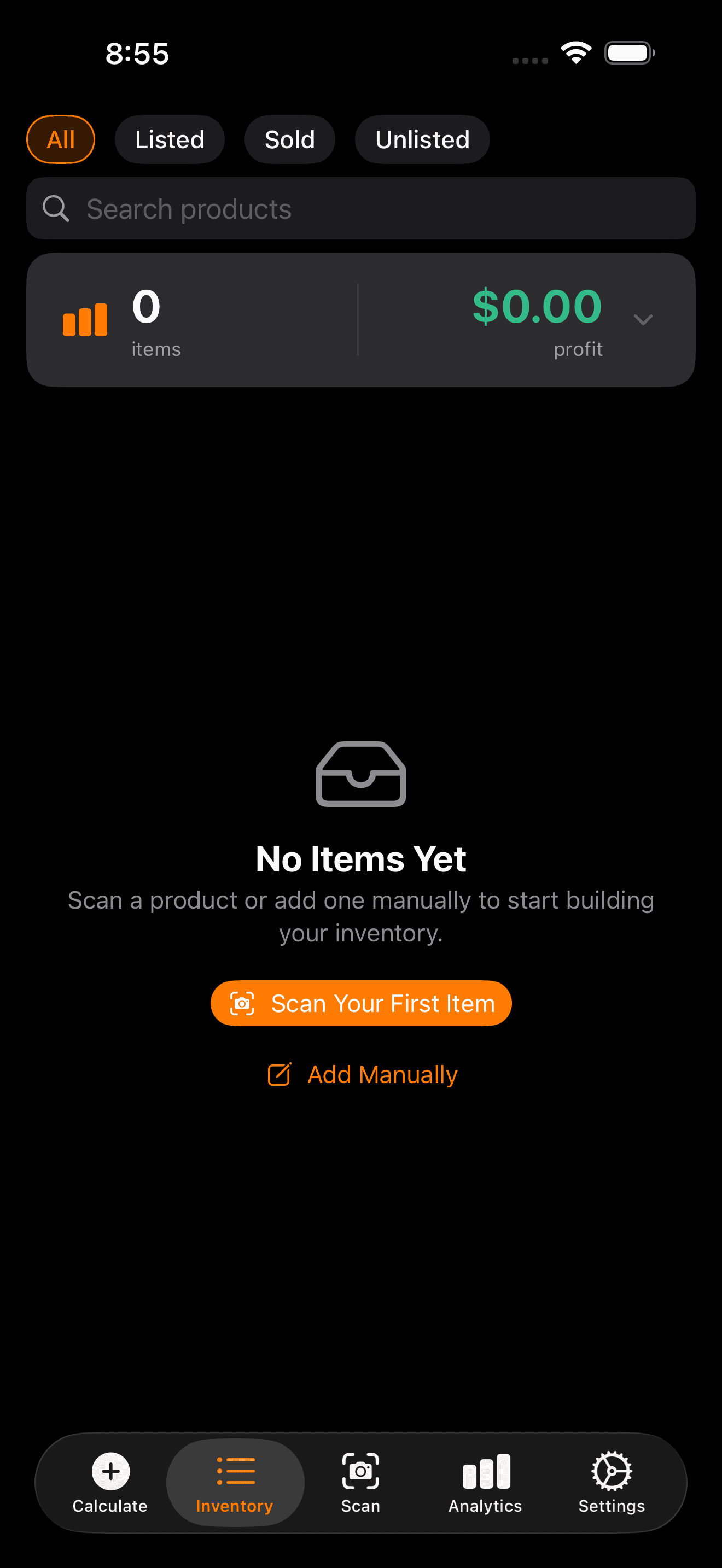ConsignMate inventory screen showing All, Listed, Sold, and Unlisted filters, a summary card, and clear next steps on iPhone