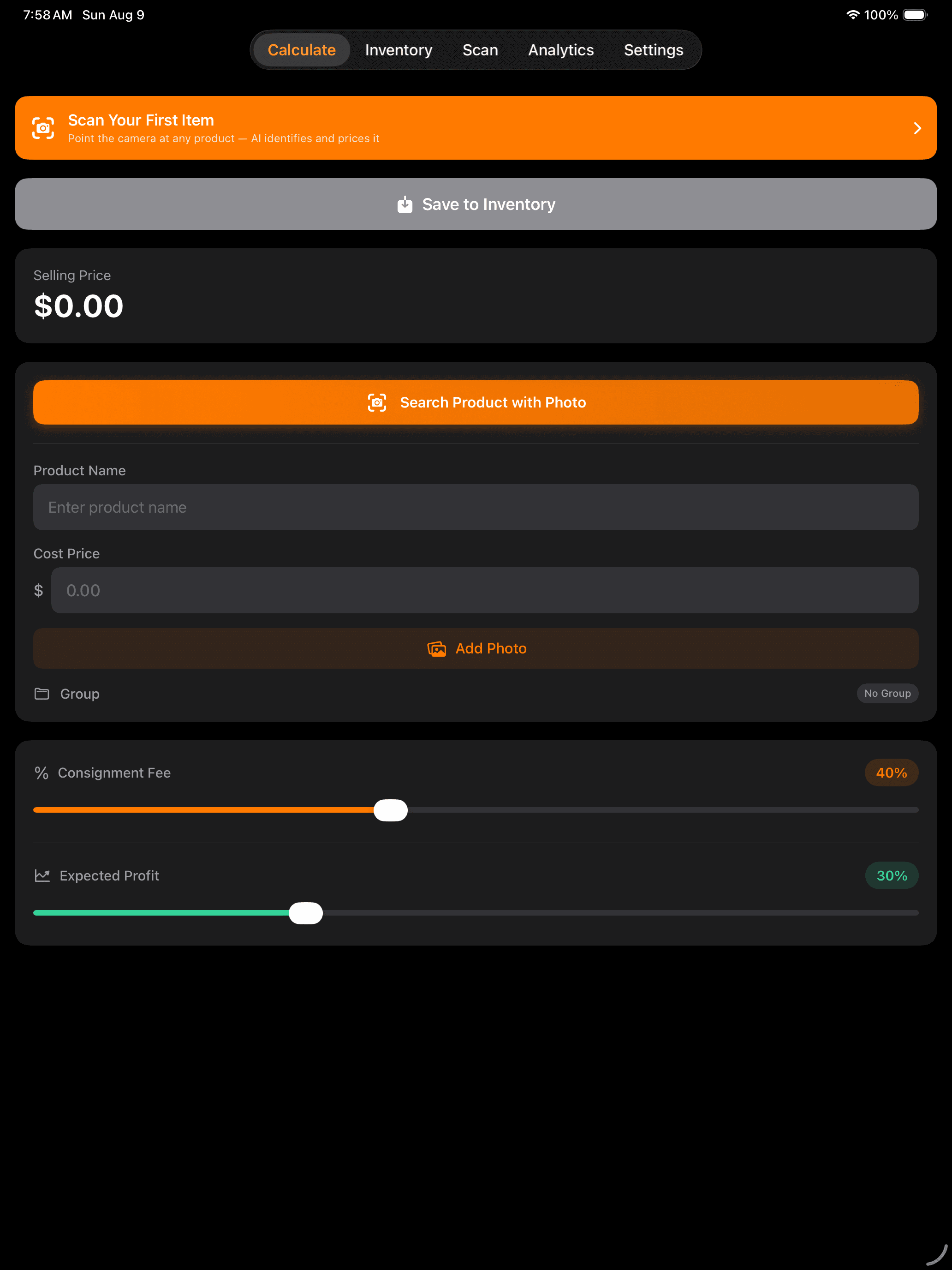 ConsignMate calculator on iPad showing scan-first intake, product fields, consignment fee, and expected profit controls
