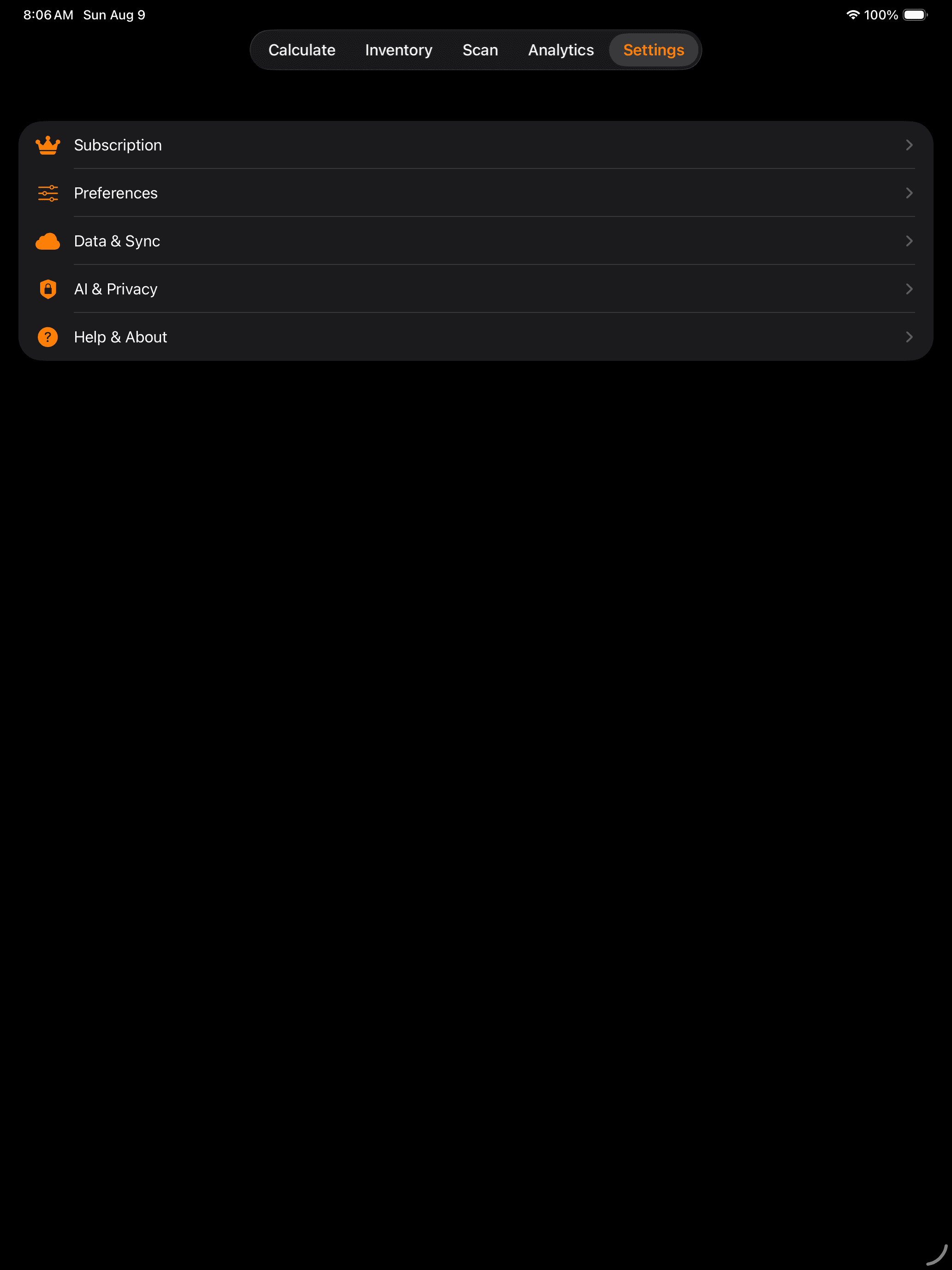 ConsignMate Settings screen on iPad showing Subscription, Preferences, Data and Sync, AI and Privacy, and Help and About