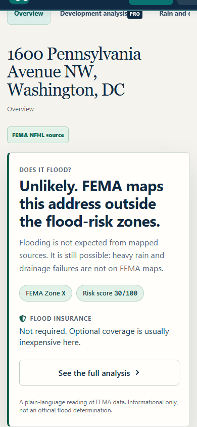 Mobile property overview leading with a plain-English flood verdict
