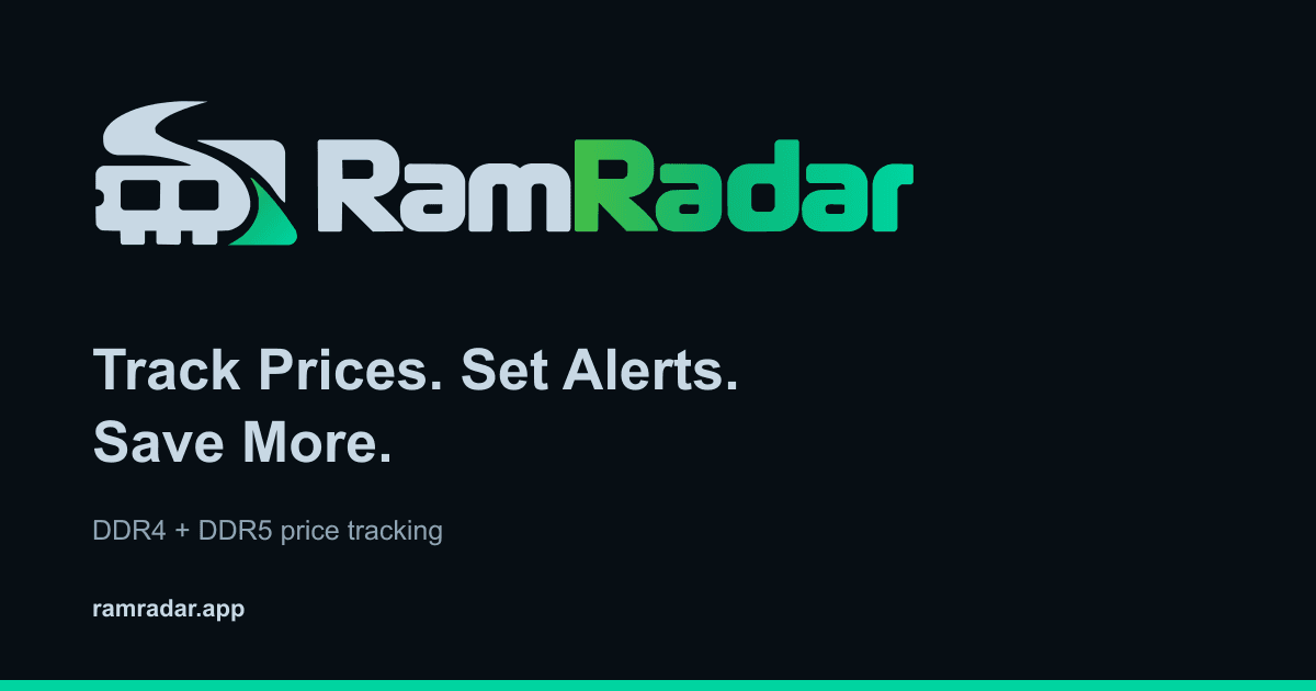 RamRadar Memory Sweep logo in green and teal with the tagline Track Prices. Set Alerts. Save More.