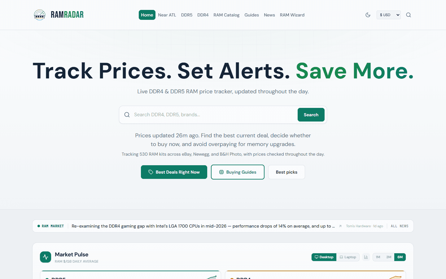 RamRadar homepage in light theme showing brand wordmark, search, and RAM deal sections