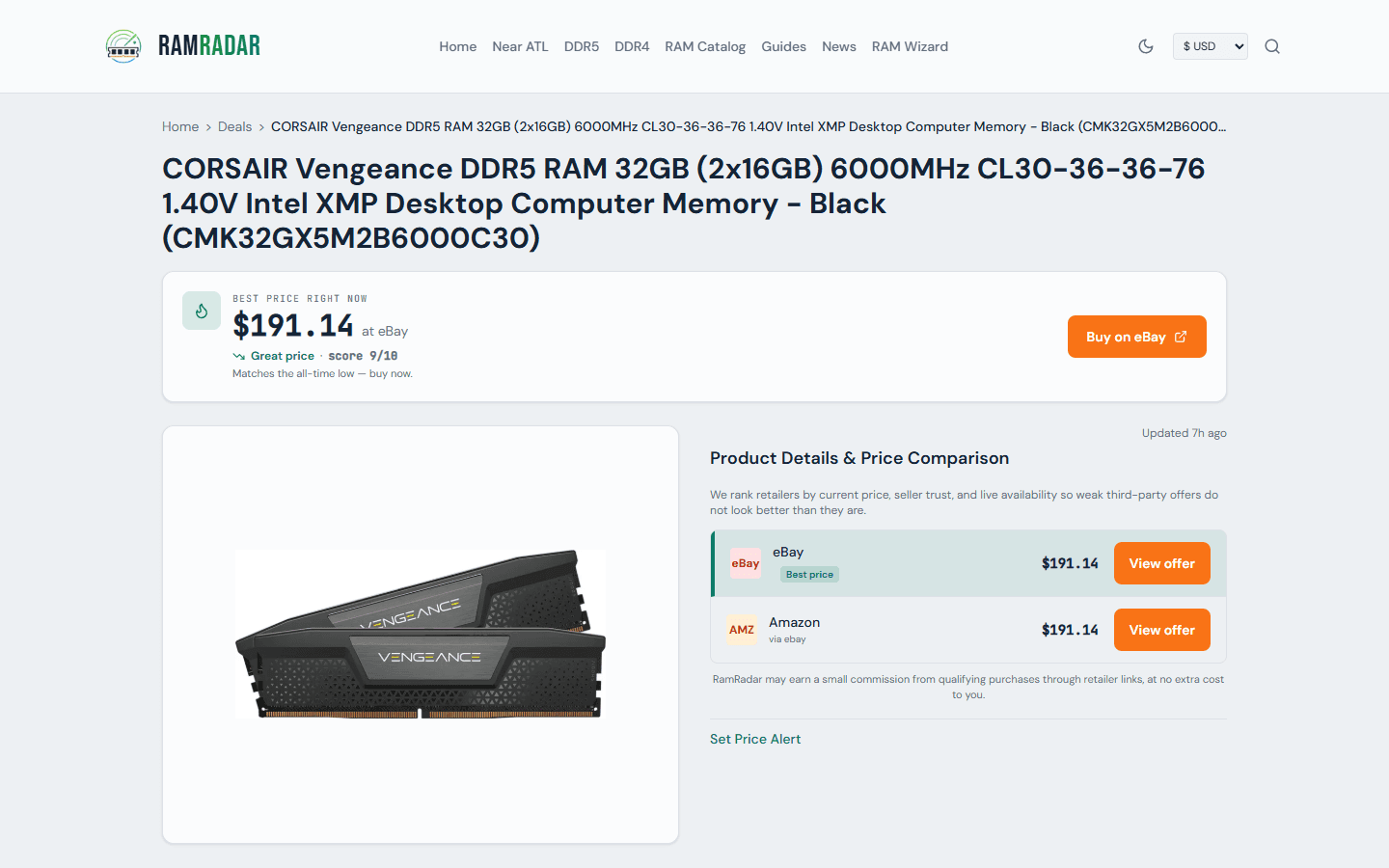 RamRadar product page for a Corsair Vengeance DDR5 kit showing price chart and retailer options