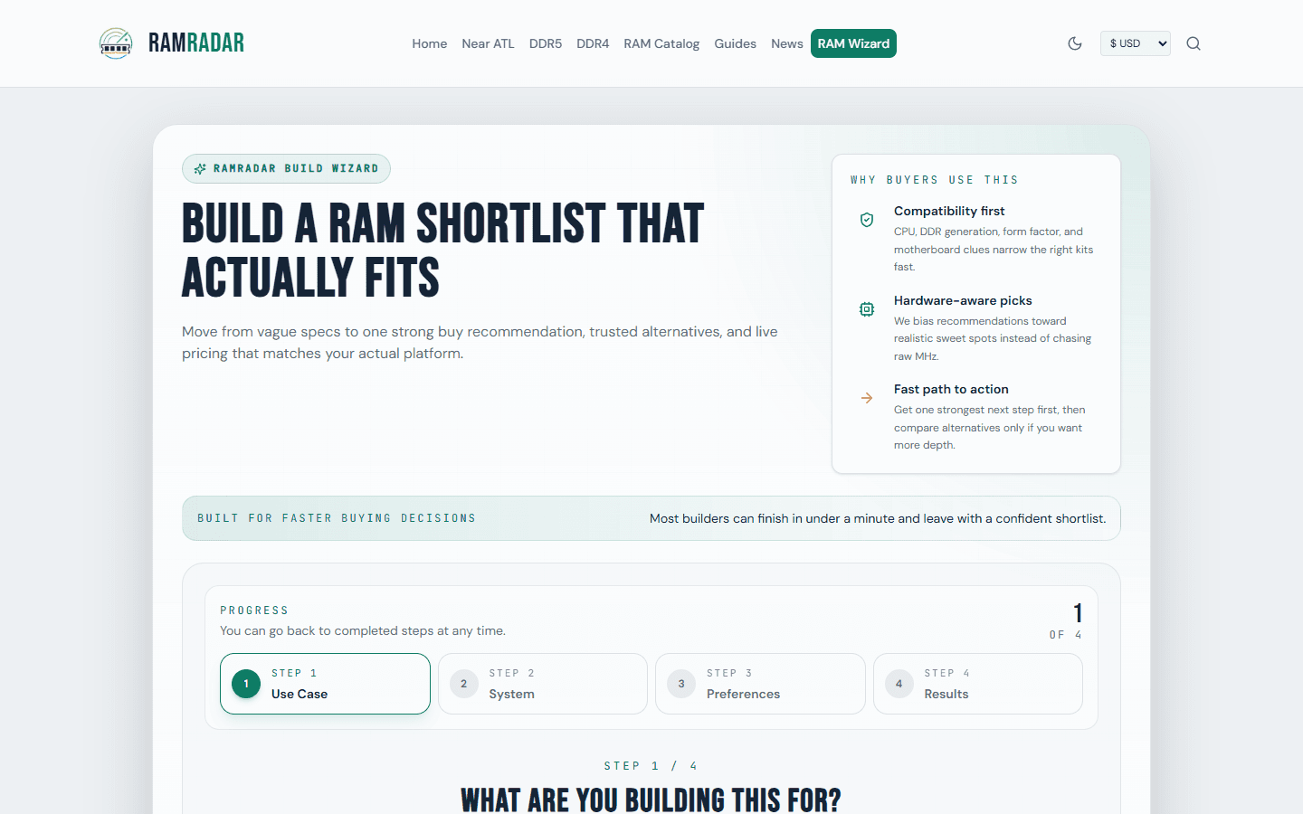 RamRadar build page helping users find RAM for a PC configuration