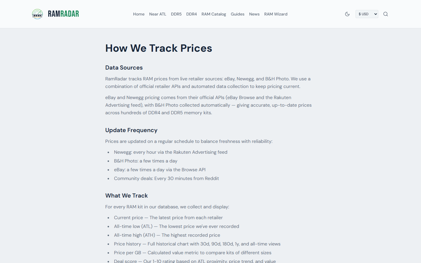 RamRadar how-it-works page explaining multi-retailer price collection