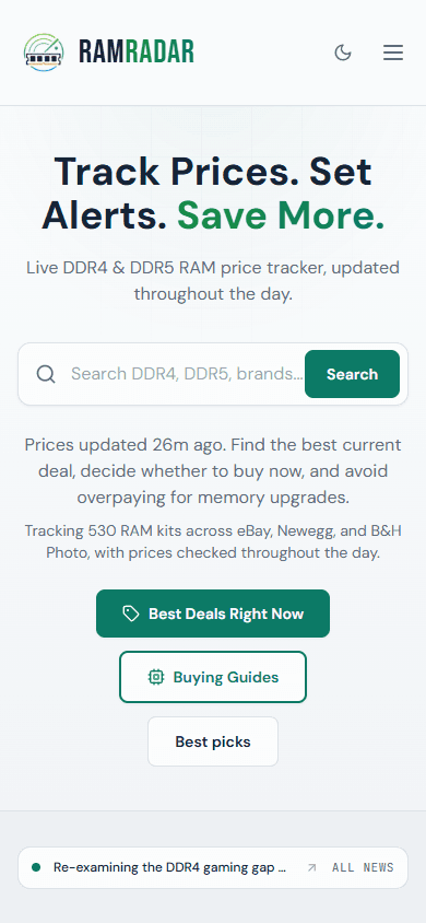 Mobile RamRadar homepage with brand and kit discovery