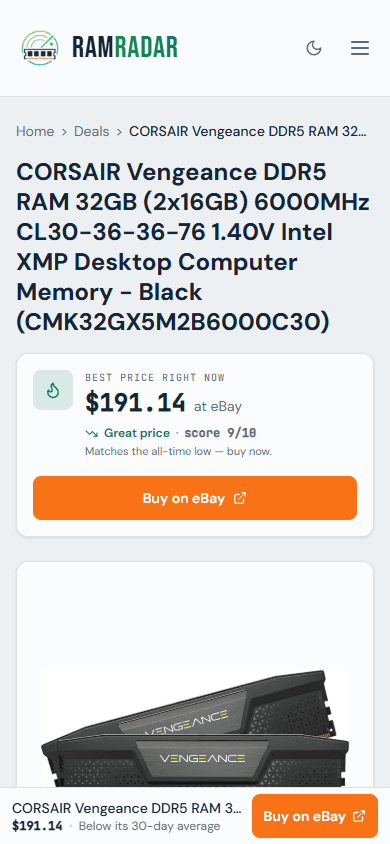 Mobile product detail page with price and chart for a DDR5 kit