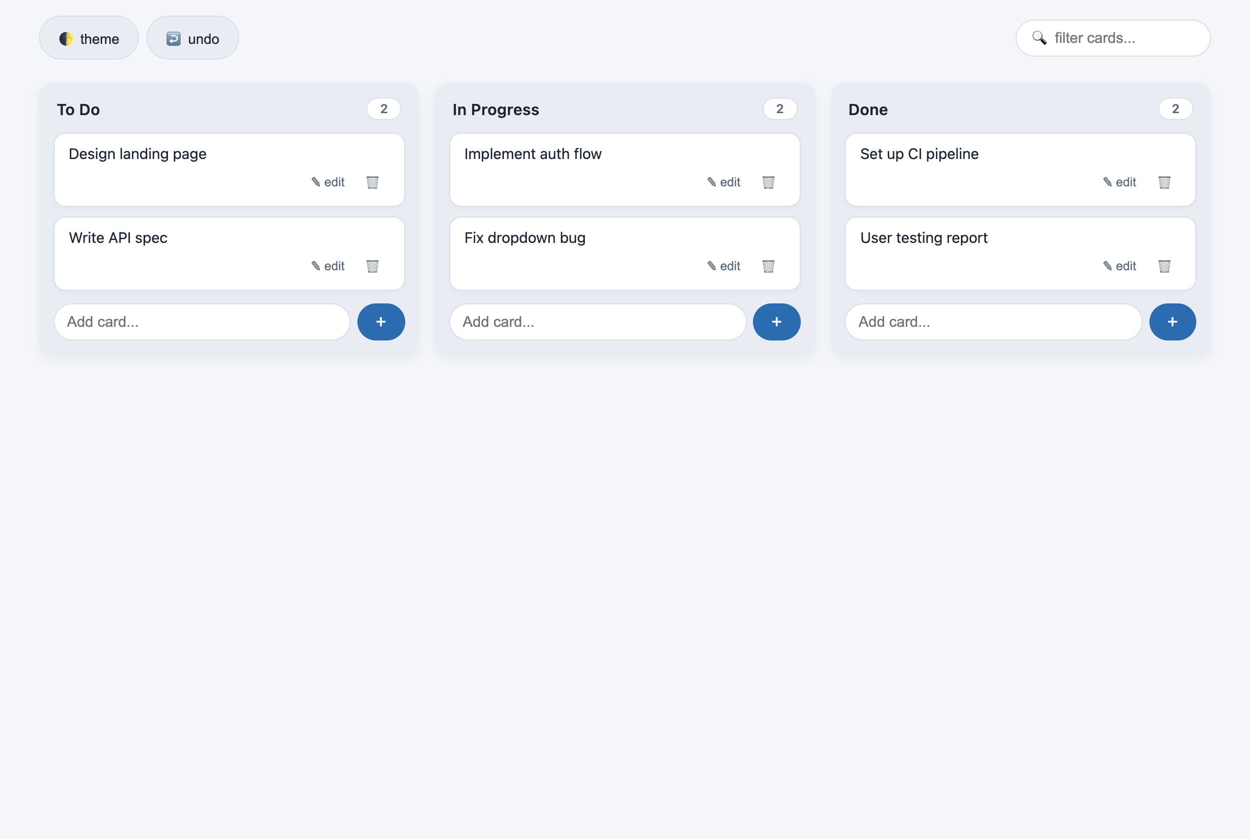 DeepSeek kanban board with three columns, each with a working Add card input and plus button