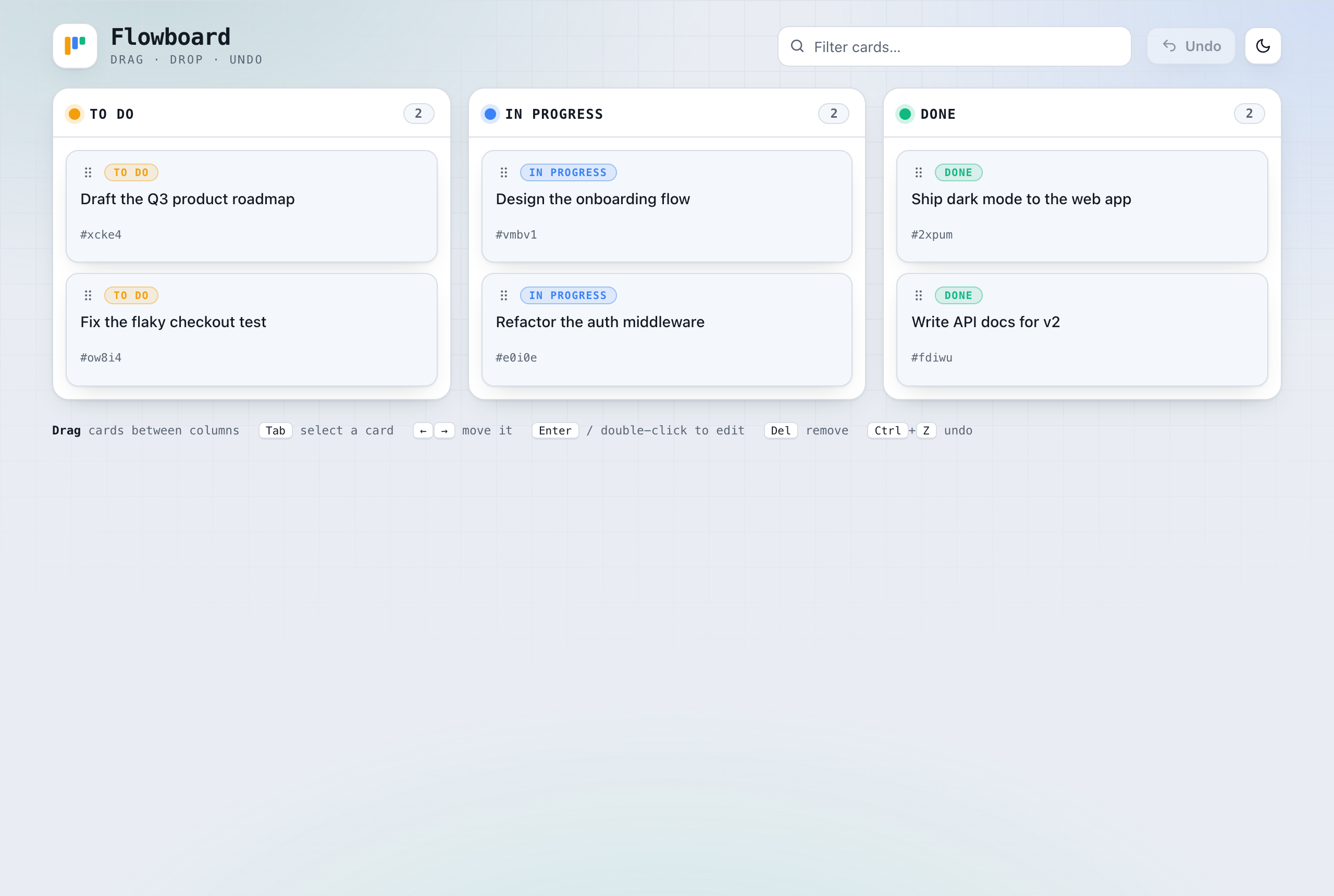 Qwen kanban board with drag handles, status pills, card IDs, filter box, undo, dark mode toggle and keyboard shortcut legend, but no control anywhere to add a card